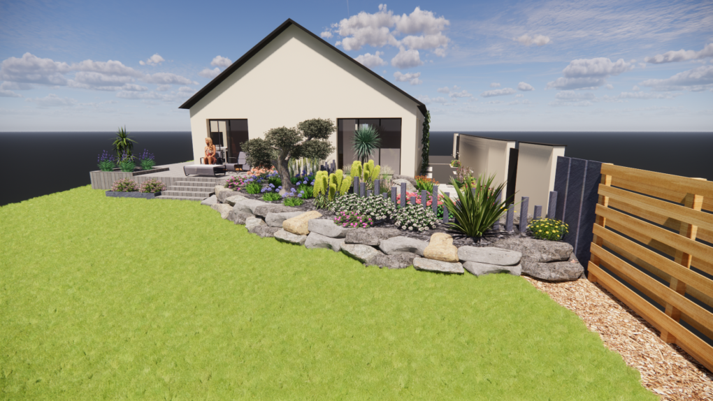 Visuel 3D fait par l'ATELIER MORLIERE d'un aménagement d'un jardin entre l'entrée et la terrasse. Mise en place d'une rocaille avec des végétaux méditerranéens. Dallage d'entrée. Escalier d'accès. Olivier et piquets de schiste.