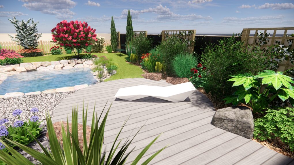 Visuel 3D ou vue 3D d'un jardin paysager conçut par l'entreprise ATELIER MORLIERE avec terrasse bois, bassin, surface gravillonnée,massif avec de nombreux végétaux.