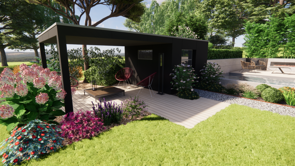 Visuel 3D d'un projet d'aménagement paysager dessiné par l’entreprise ATELIER MORLIERE. conception d'un abri avec auvent et d'une terrasse en bois ainsi que les abords avec des massifs.