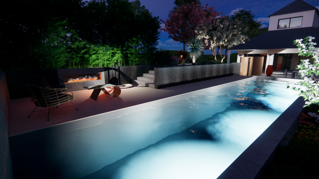 Visuel 3D de nuit d'un projet d'aménagement paysager dessiné par l’entreprise ATELIER MORLIERE. Conception d'un jardin moderne avec intégration d'une piscine en forme couloir de nage. Terrasse bois, allée gravillonnée, espace détente, intégration de massif. Conception de la disposition des luminaires.