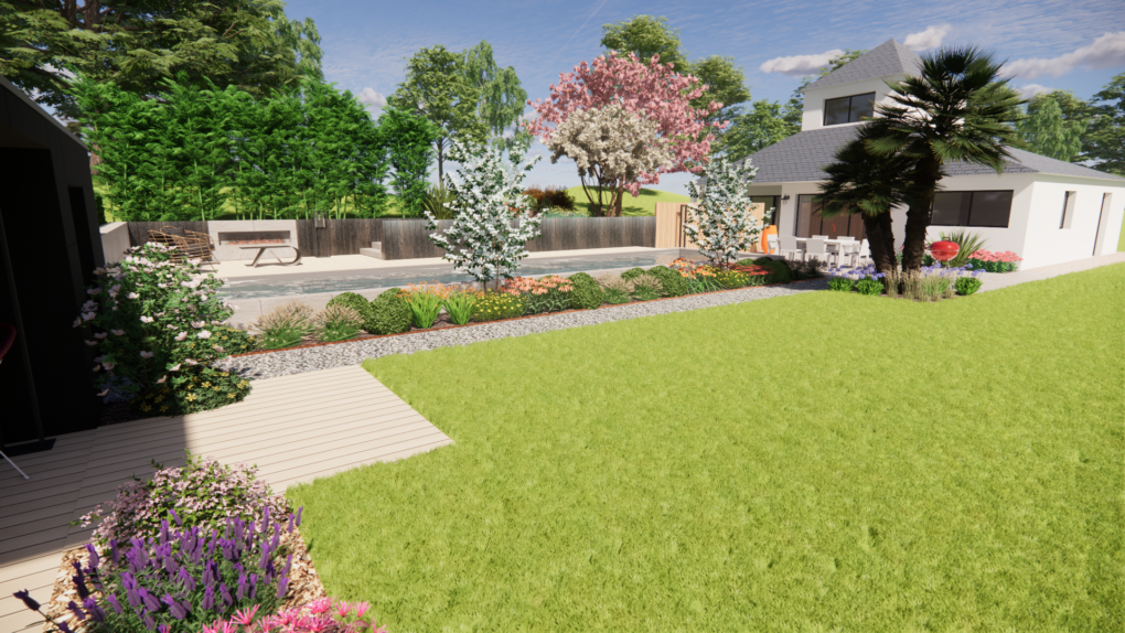Visuel 3D d'un projet d'aménagement paysager dessiné par l’entreprise ATELIER MORLIERE. Conception d'un jardin moderne avec intégration d'une piscine en forme couloir de nage. Terrasse bois, allée gravillonnée, espace détente, intégration de massif.