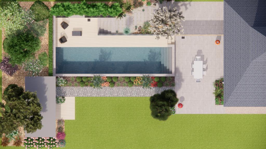 Plan de conception d'un projet d'aménagement paysager dessiné par l’entreprise ATELIER MORLIERE. Conception d'un jardin moderne avec intégration d'une piscine en forme couloir de nage. Terrasse bois, allée gravillonnée, espace détente, intégration de massif.